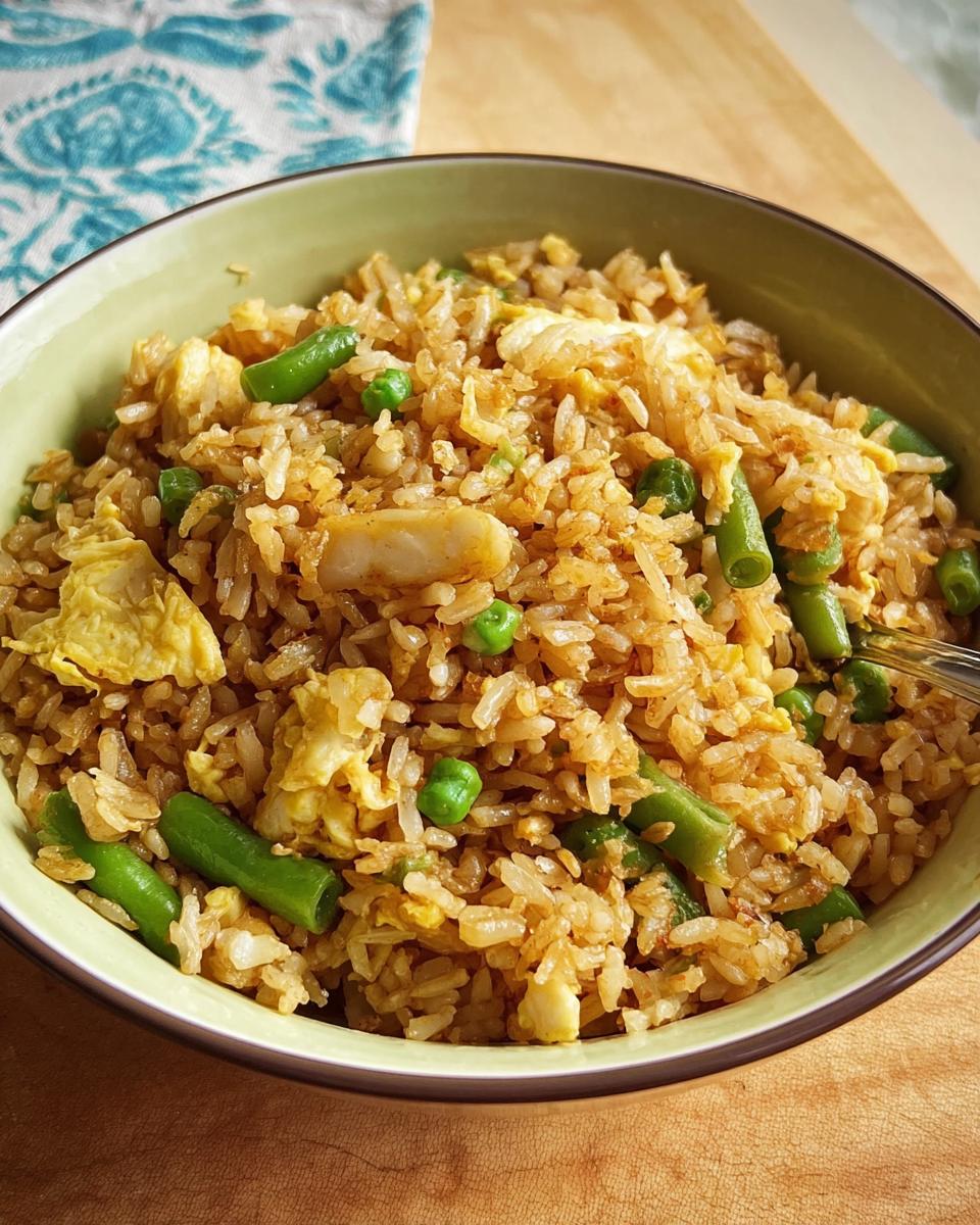 A bowl of delicious egg fried rice with scrambled egg pieces, green beans, and peas, part of 7-Ingredient Egg Recipes.