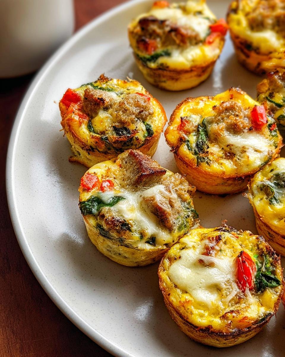 Close-up of savory egg muffins with sausage, spinach, and red peppers, perfect for egg recipes meal prep.