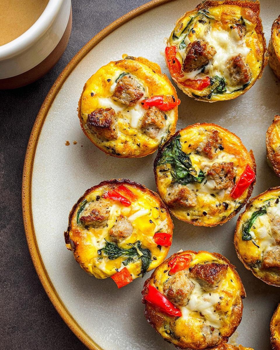A plate of delicious egg muffins with sausage, spinach, and red peppers, perfect for egg recipes meal prep.