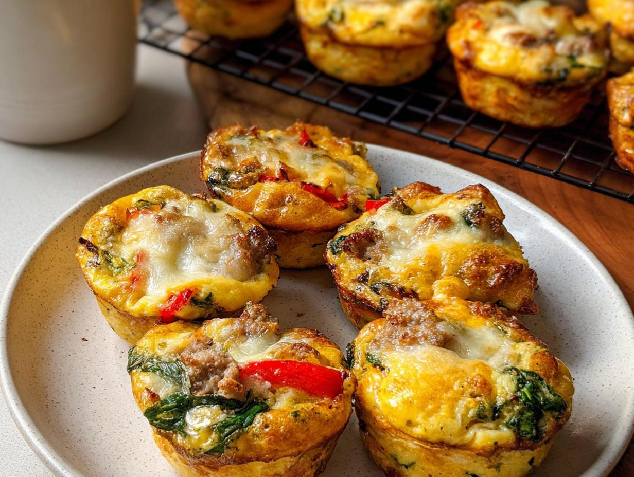 Close-up of savory egg muffins with cheese, spinach, and red peppers, perfect for egg recipes meal prep.