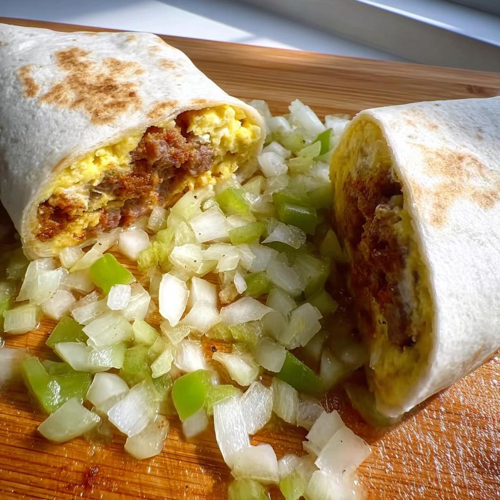A breakfast burrito cut in half, filled with scrambled eggs and sausage, served with diced onions and peppers.