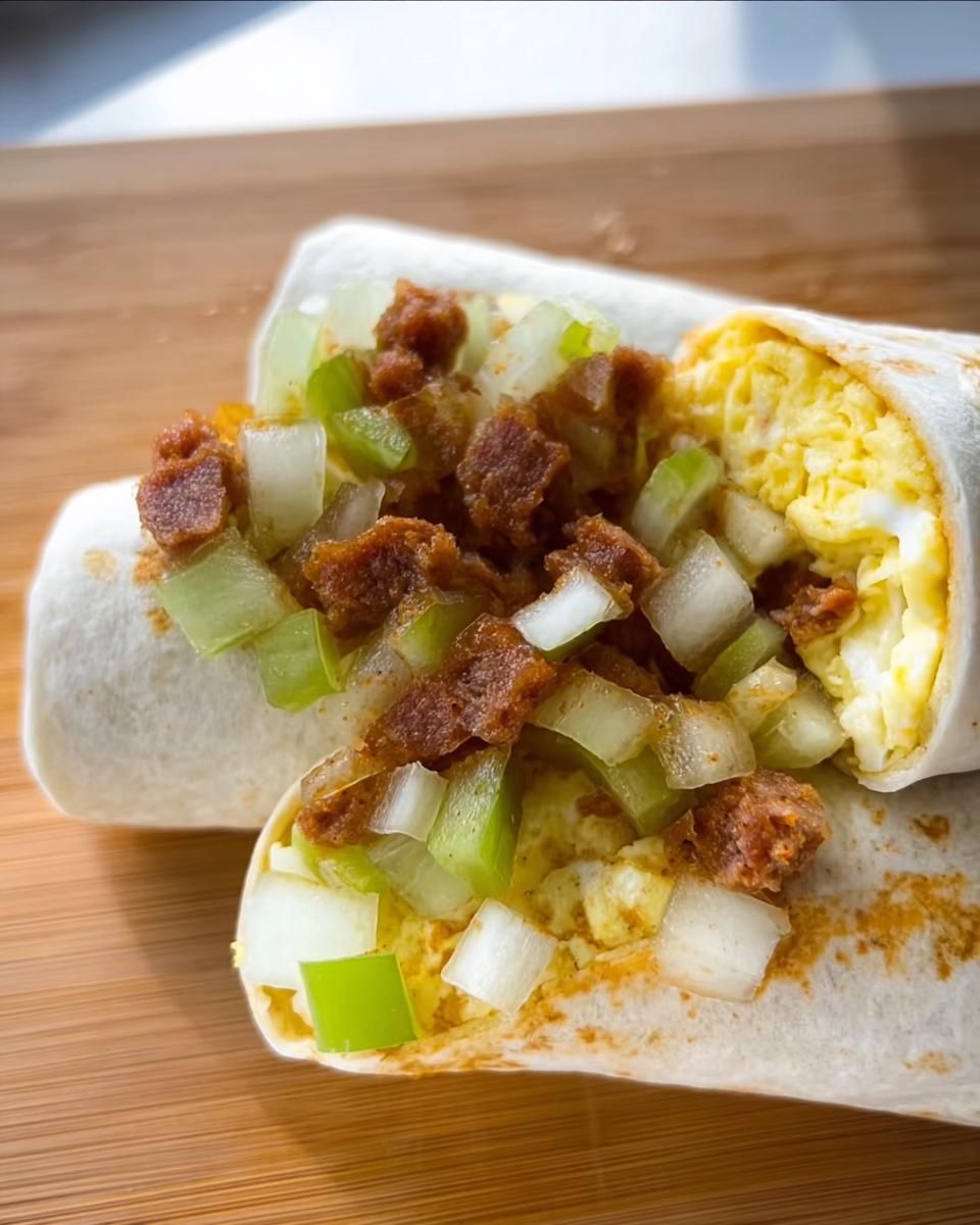 Close-up of a breakfast burrito filled with scrambled eggs, diced green peppers, and crumbled sausage.