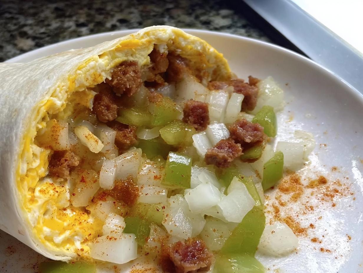 A close-up of a breakfast burrito filled with scrambled eggs, sausage, onions, and green peppers, seasoned with spices.