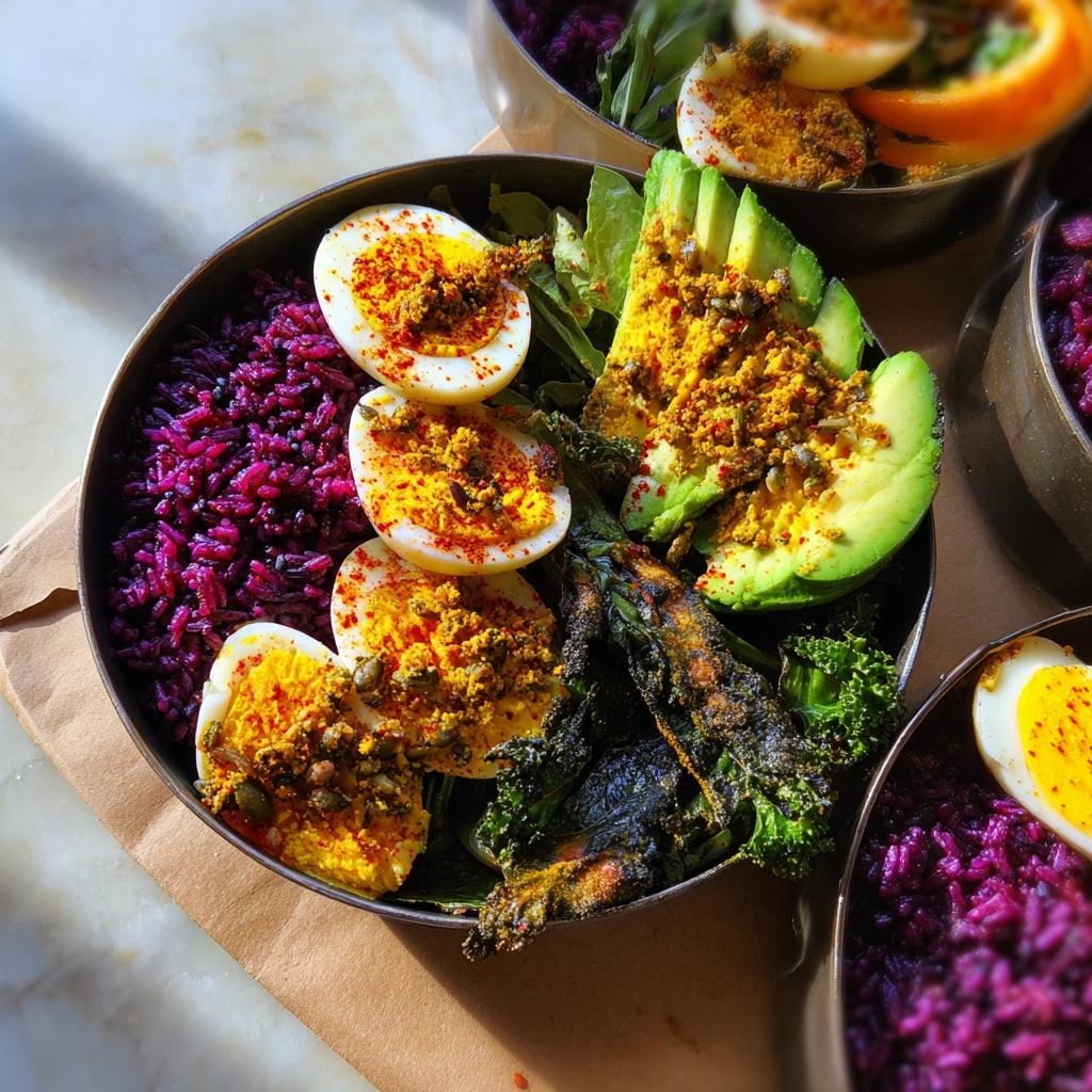 A vibrant bowl featuring hard-boiled eggs, purple rice, avocado, and greens, perfect for beginner egg recipes.