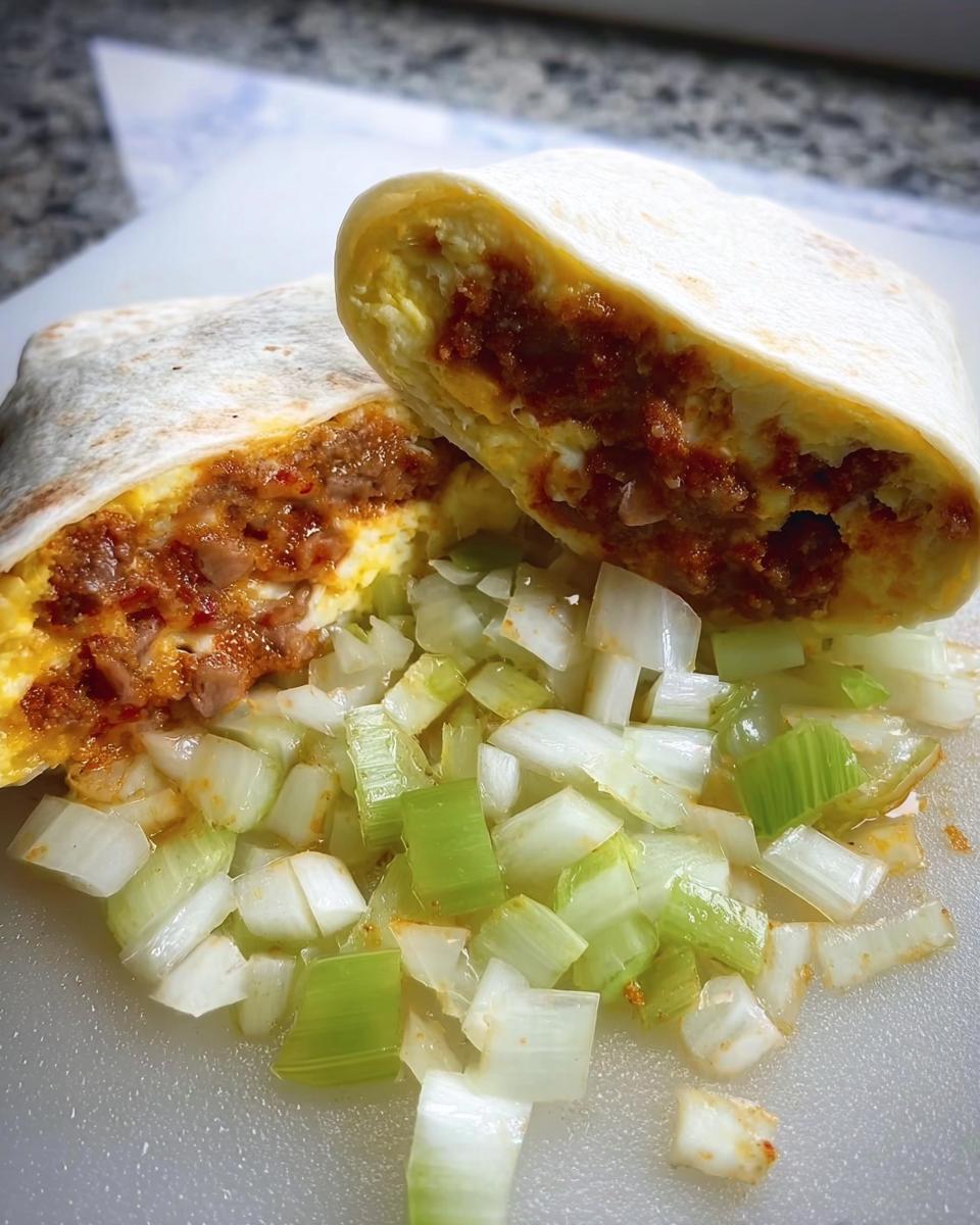 A cut-in-half breakfast burrito filled with scrambled eggs and meat, served with chopped green onions.