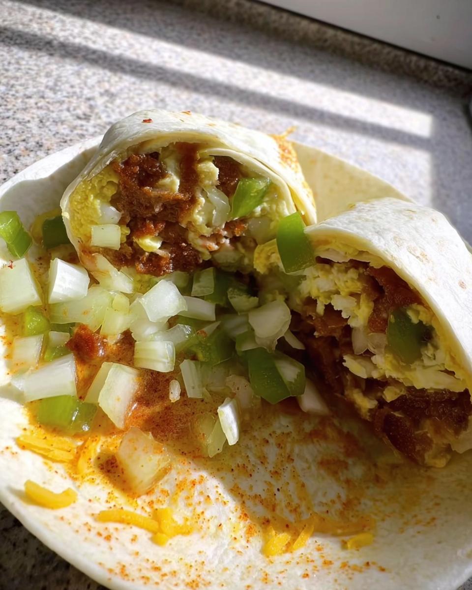 A breakfast burrito cut in half, revealing scrambled eggs, chorizo, and diced onions and peppers. This is one of the best egg recipes.