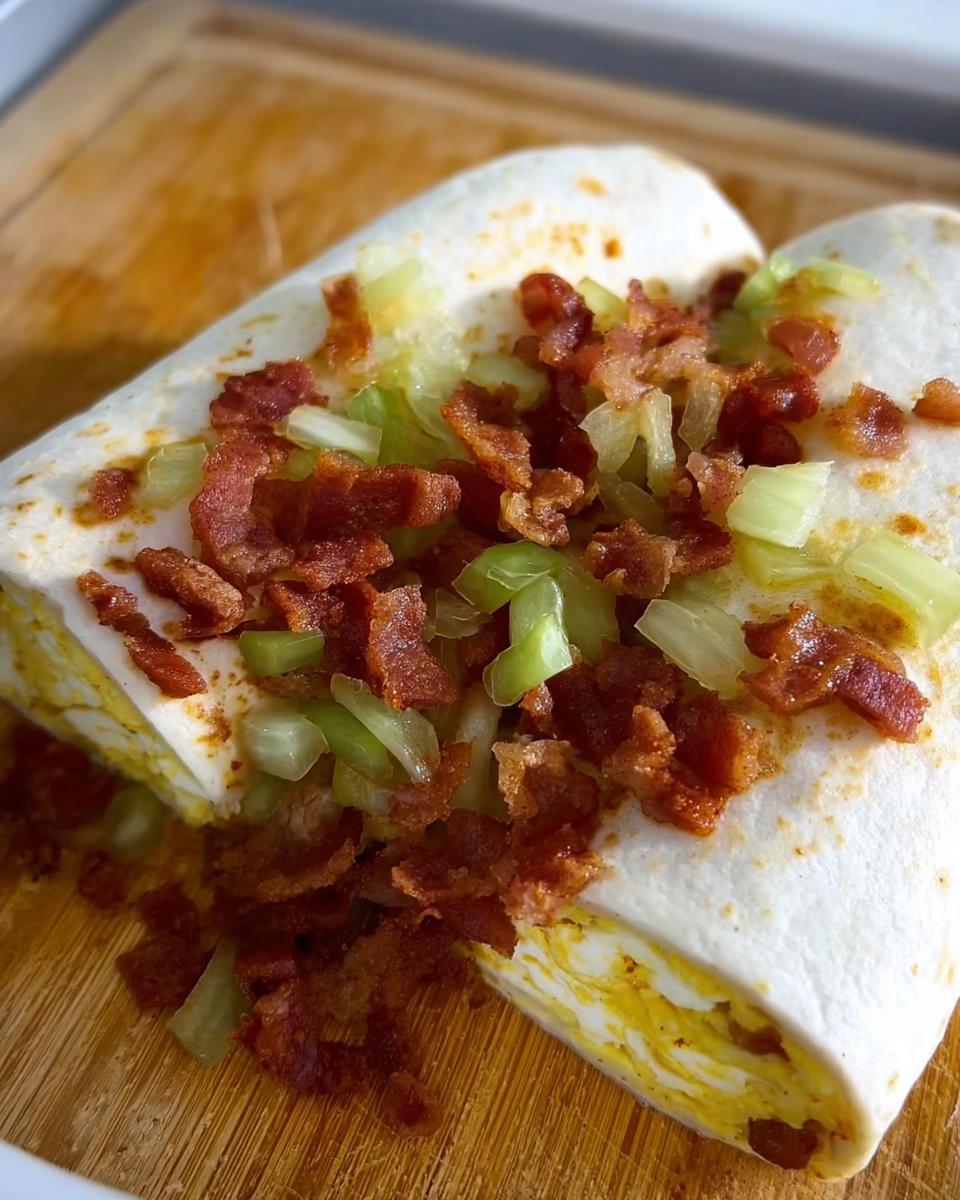 Close-up of a breakfast burrito filled with scrambled eggs, topped with crumbled bacon and chopped celery.