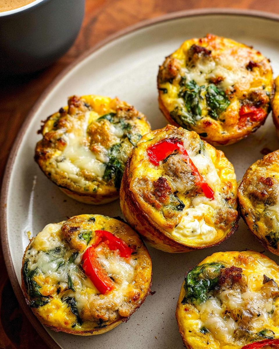 Close-up of several savory egg muffins on a plate, filled with sausage, spinach, red peppers, and cheese, perfect for egg recipes meal prep.