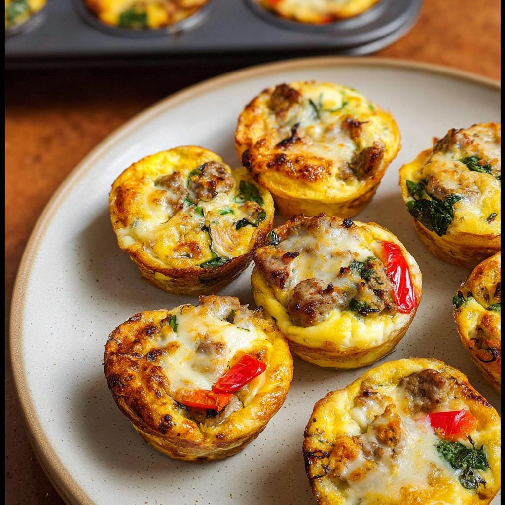 A plate of savory egg recipes meal prep muffins filled with sausage, spinach, and red peppers, topped with melted cheese.