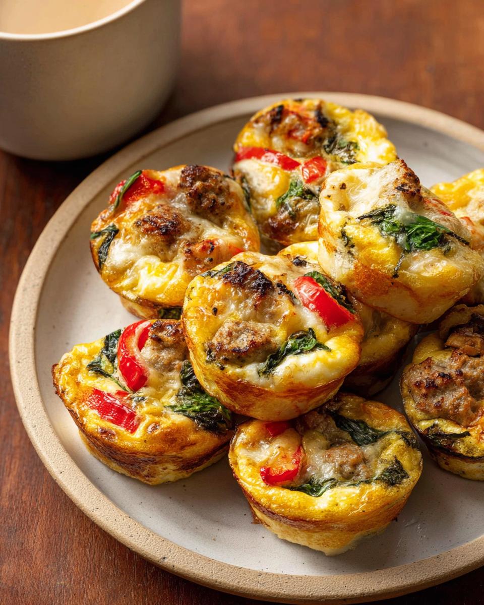 A plate piled high with sausage, spinach, and red pepper egg muffins, perfect for egg recipes meal prep.