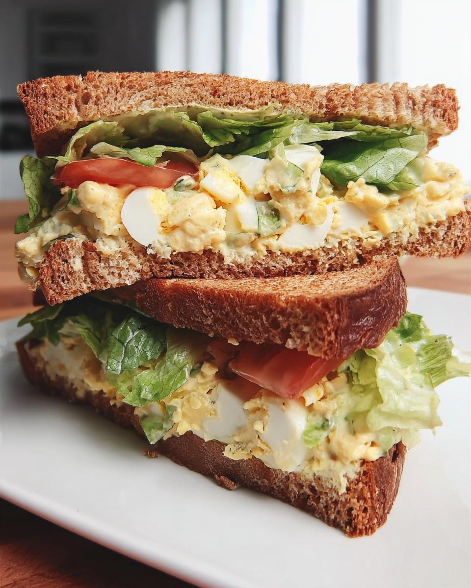 A delicious egg salad sandwich made with whole wheat bread, lettuce, tomato, and creamy egg salad.