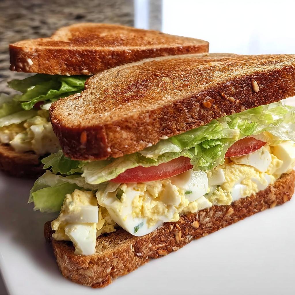 Two delicious egg salad sandwiches made with whole wheat bread, lettuce, tomato, and creamy egg salad filling.