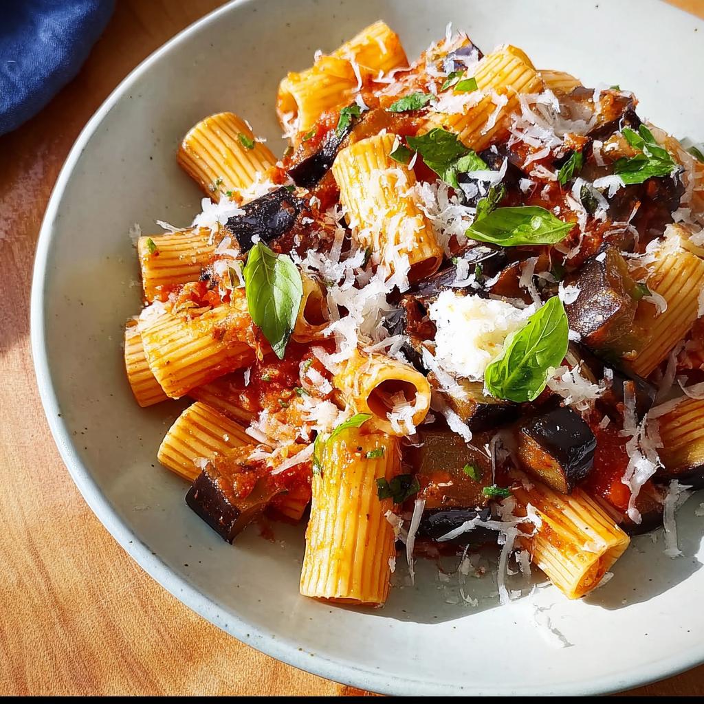 A close-up of a bowl of rigatoni pasta with eggplant, tomato sauce, basil, and grated cheese, part of 12-Ingredient Pasta Recipes.