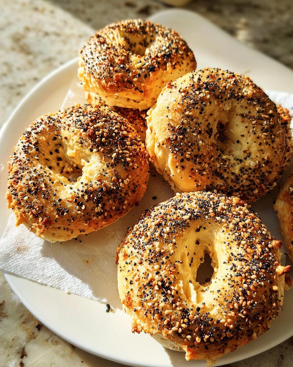 A plate of golden brown everything bagels, generously topped with sesame seeds, poppy seeds, and other seasonings. Perfect for busy weeknights.
