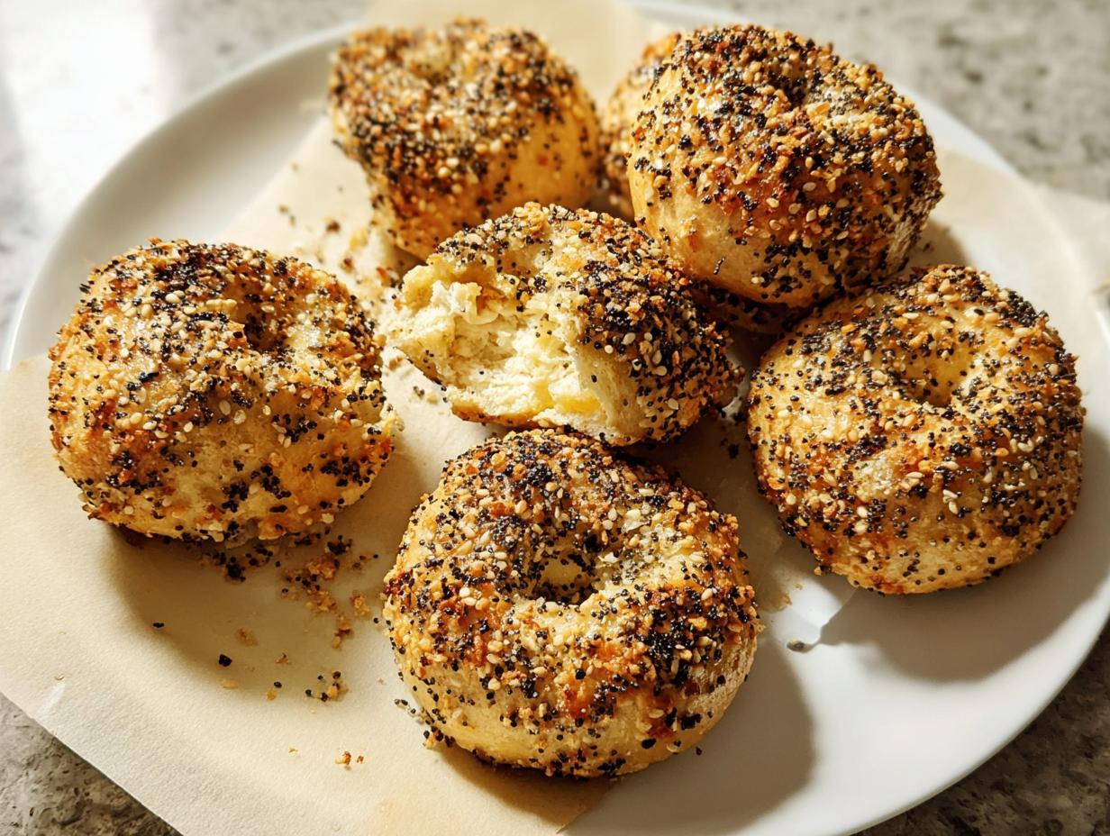 A plate of freshly baked everything bagels, one torn open to reveal the fluffy interior, perfect for busy weeknights.
