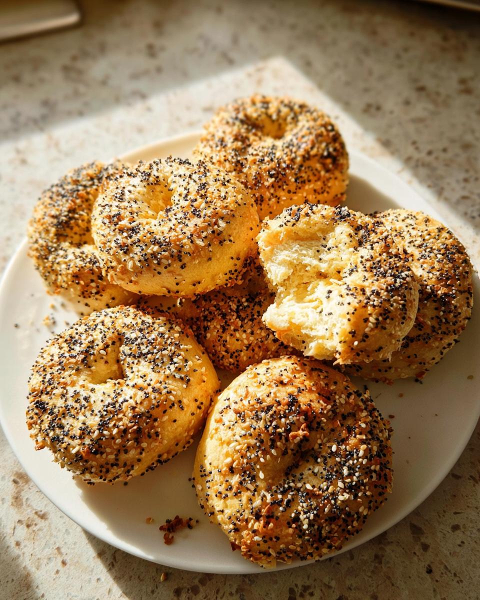 A pile of golden-brown everything bagels, one torn open to reveal a fluffy interior, perfect for busy weeknight breakfasts.