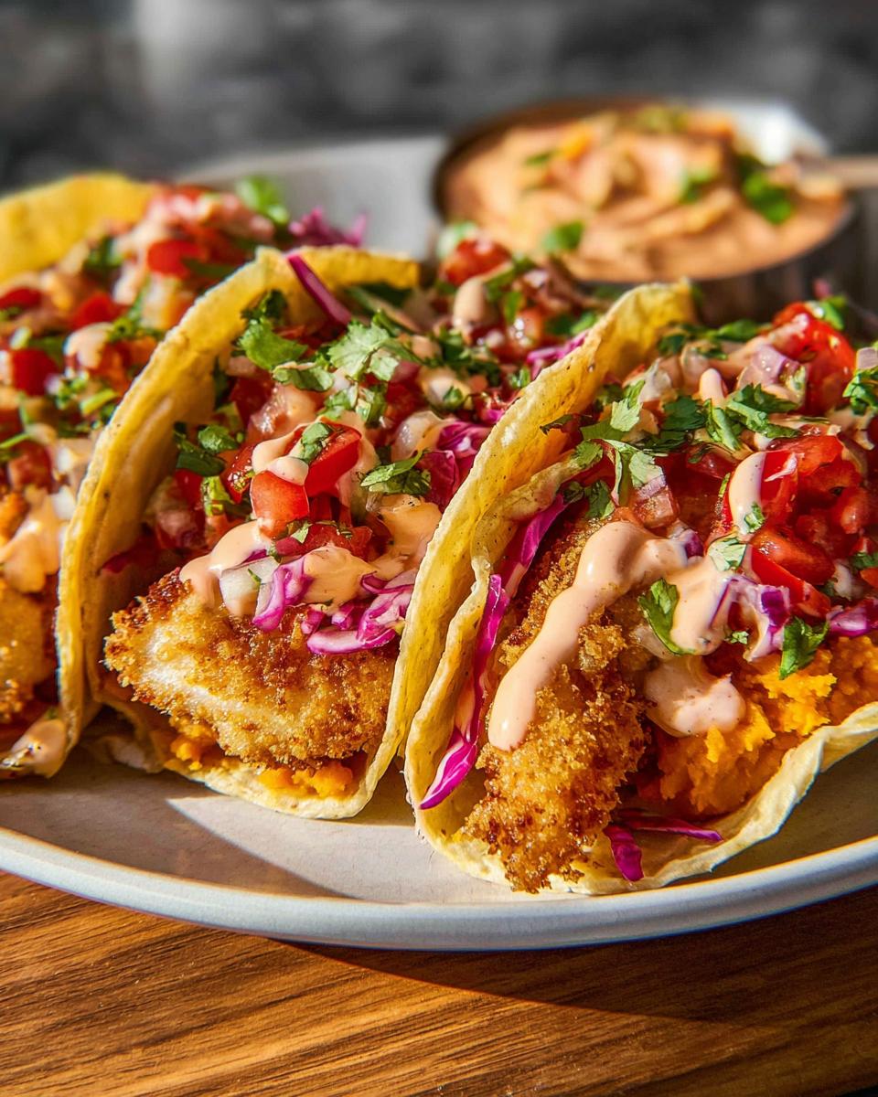 Close-up of three crispy fish tacos, topped with fresh salsa, cabbage, and a creamy sauce, perfect for Taco Tuesday recipes.