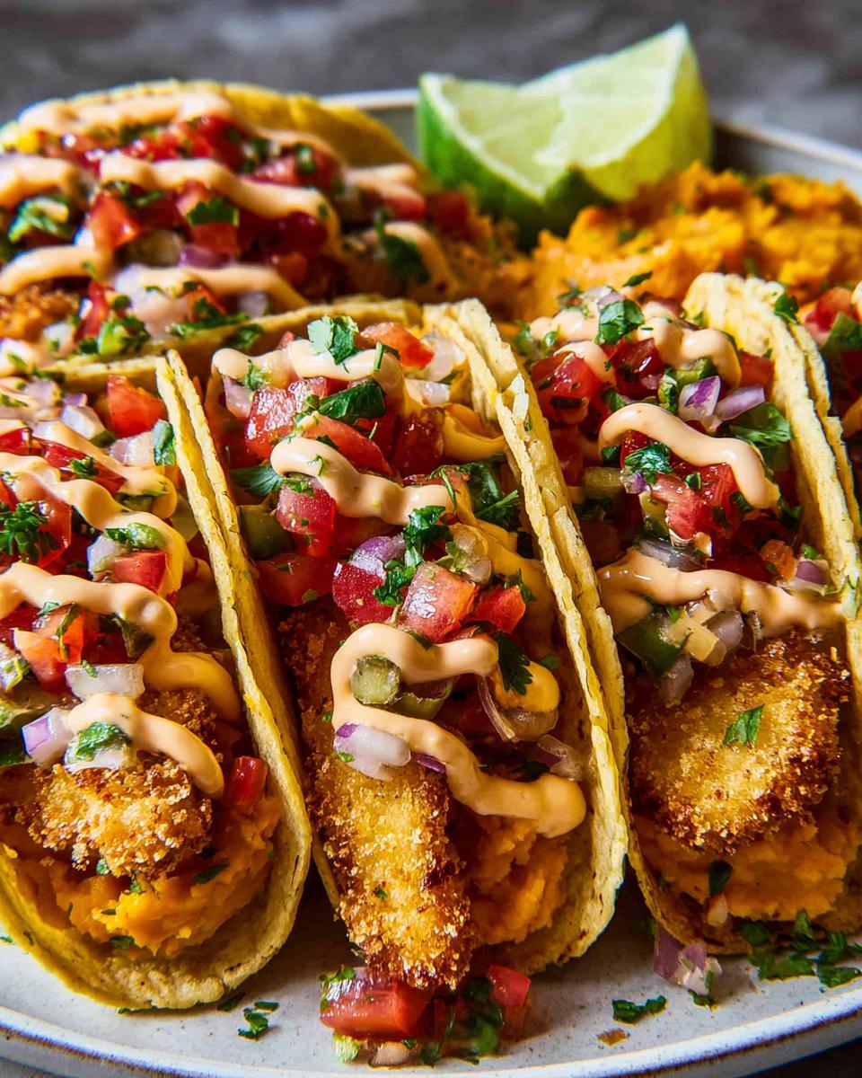 Close-up of crispy fish tacos with pico de gallo, creamy sauce, and mashed sweet potatoes, perfect for Taco Tuesday.