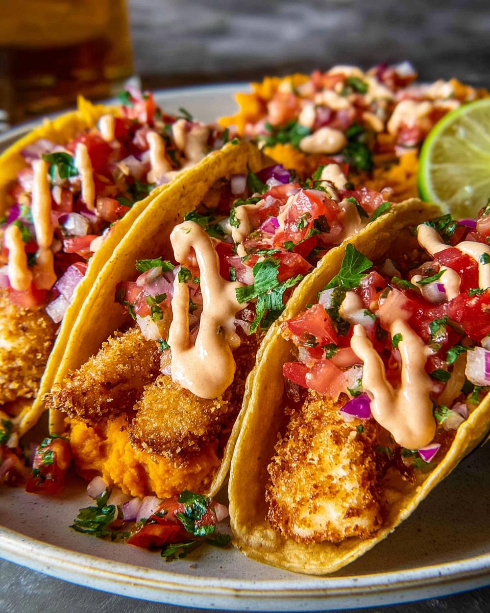 Close-up of three crispy fish tacos, filled with mashed sweet potato, pico de gallo, and drizzled with sauce, perfect for Taco Tuesday recipes.