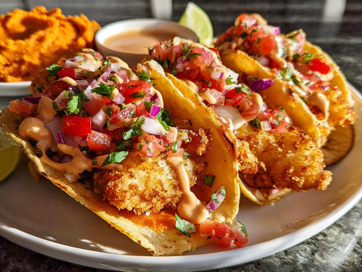 Close-up of crispy fish tacos topped with pico de gallo and a creamy sauce, perfect for Taco Tuesday recipes.