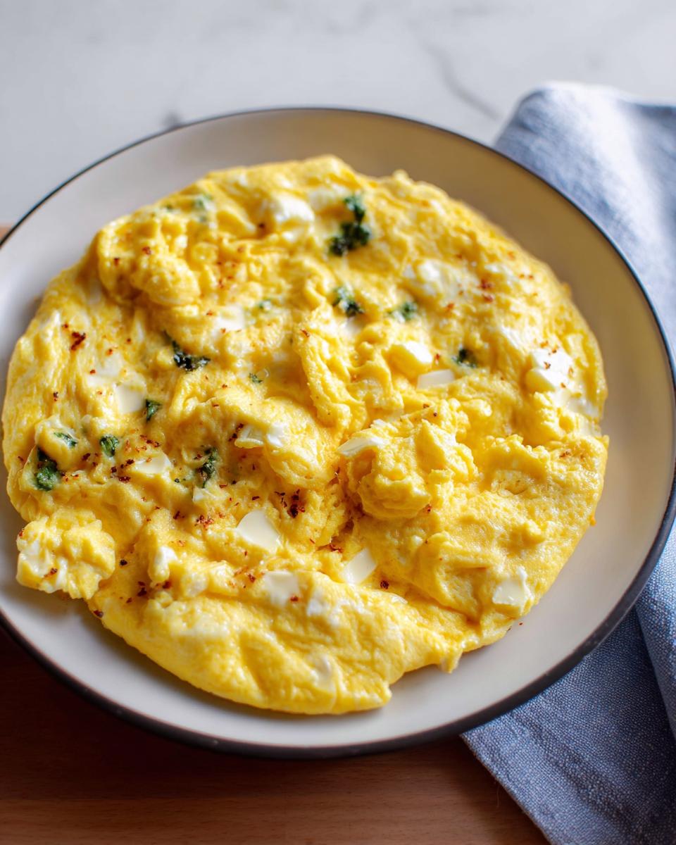 A perfectly cooked fluffy omelette with visible chunks of cheese and green herbs, part of The Only Egg Recipes Recipe You’ll Need (2025).