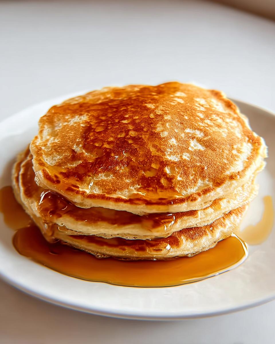 A stack of three fluffy pancakes drizzled with maple syrup, a perfect breakfast idea recipe.