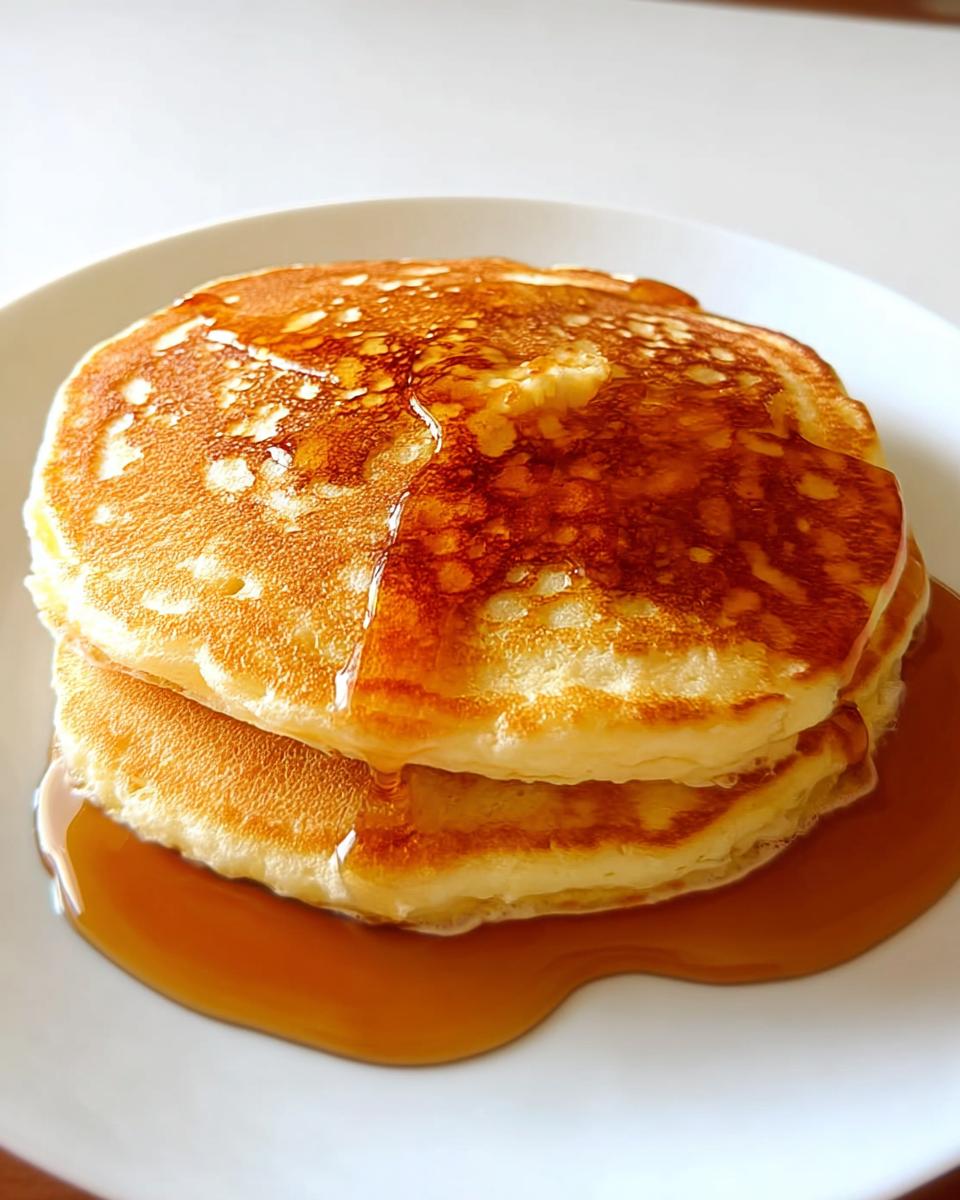 A stack of three fluffy pancakes drizzled with golden syrup, perfect for breakfast ideas recipes.
