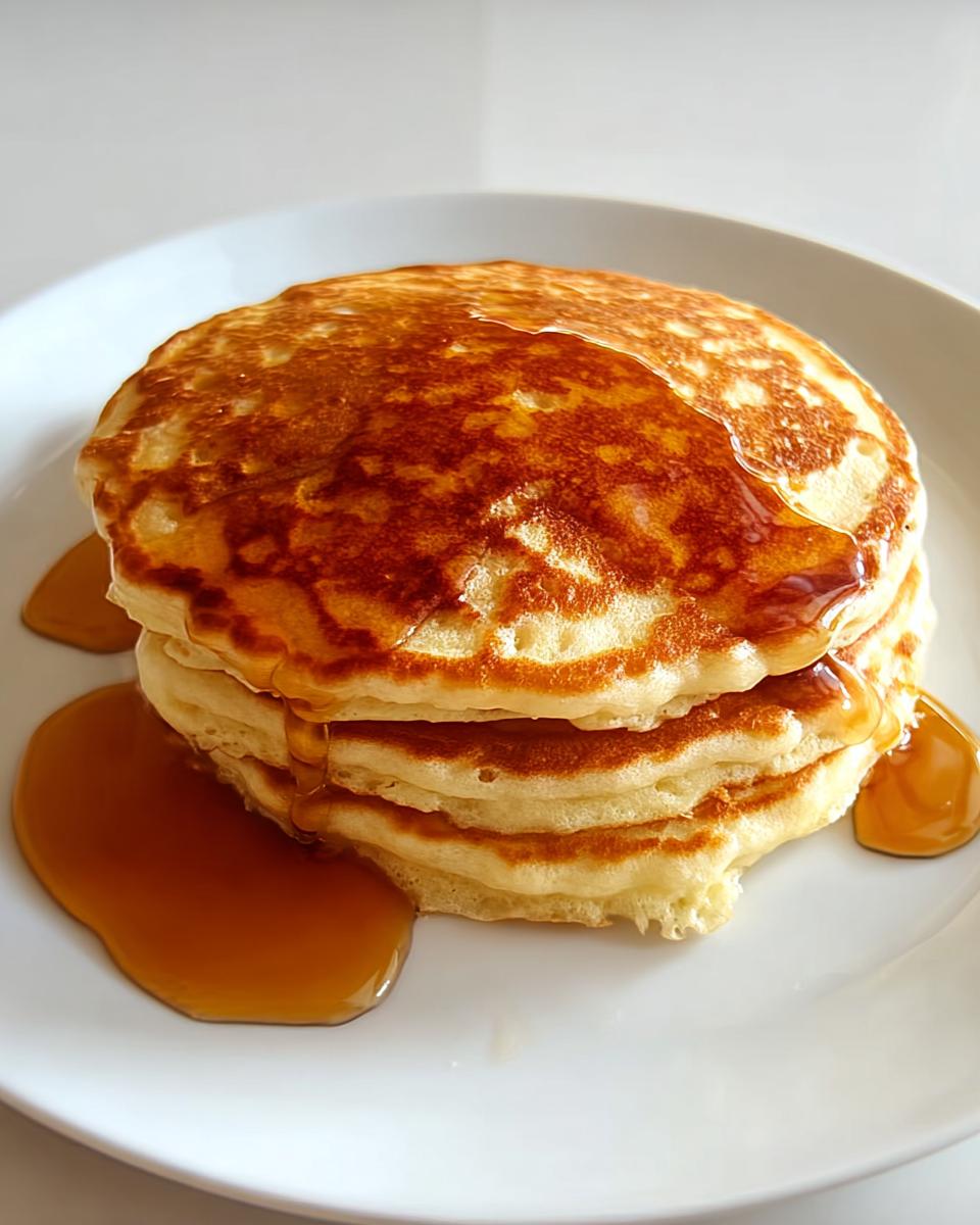 A stack of fluffy pancakes drizzled with golden syrup, a perfect breakfast idea.