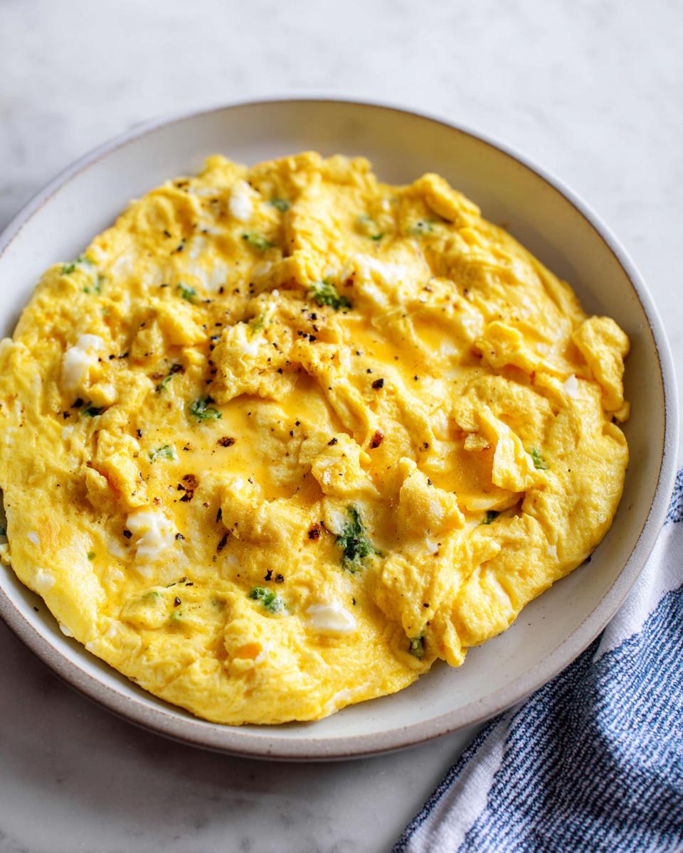 A close-up of fluffy scrambled eggs with green herbs and black pepper on a white plate.