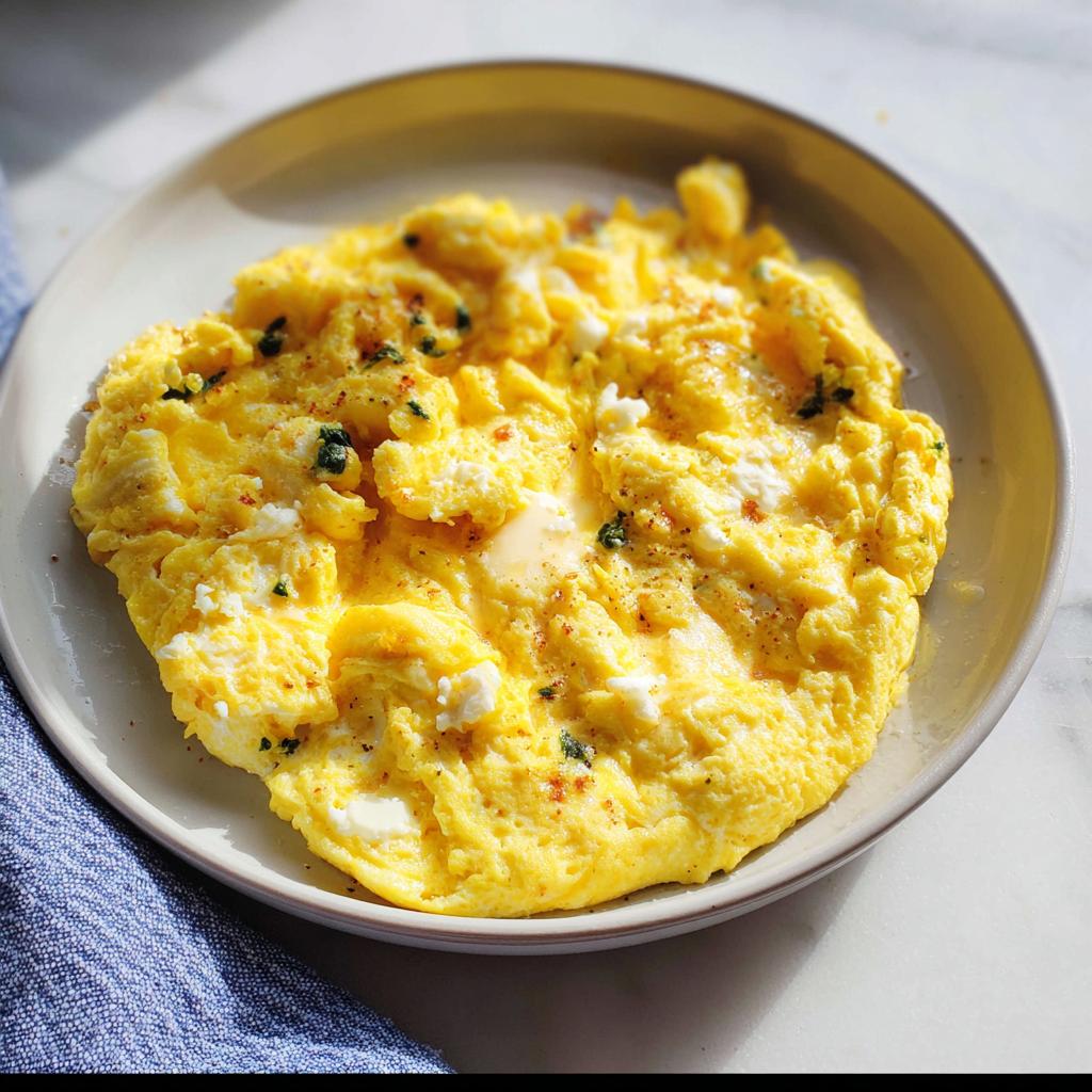 A close-up of fluffy scrambled eggs with feta cheese and herbs, part of The Only Egg Recipes Recipe You’ll Need (2025).