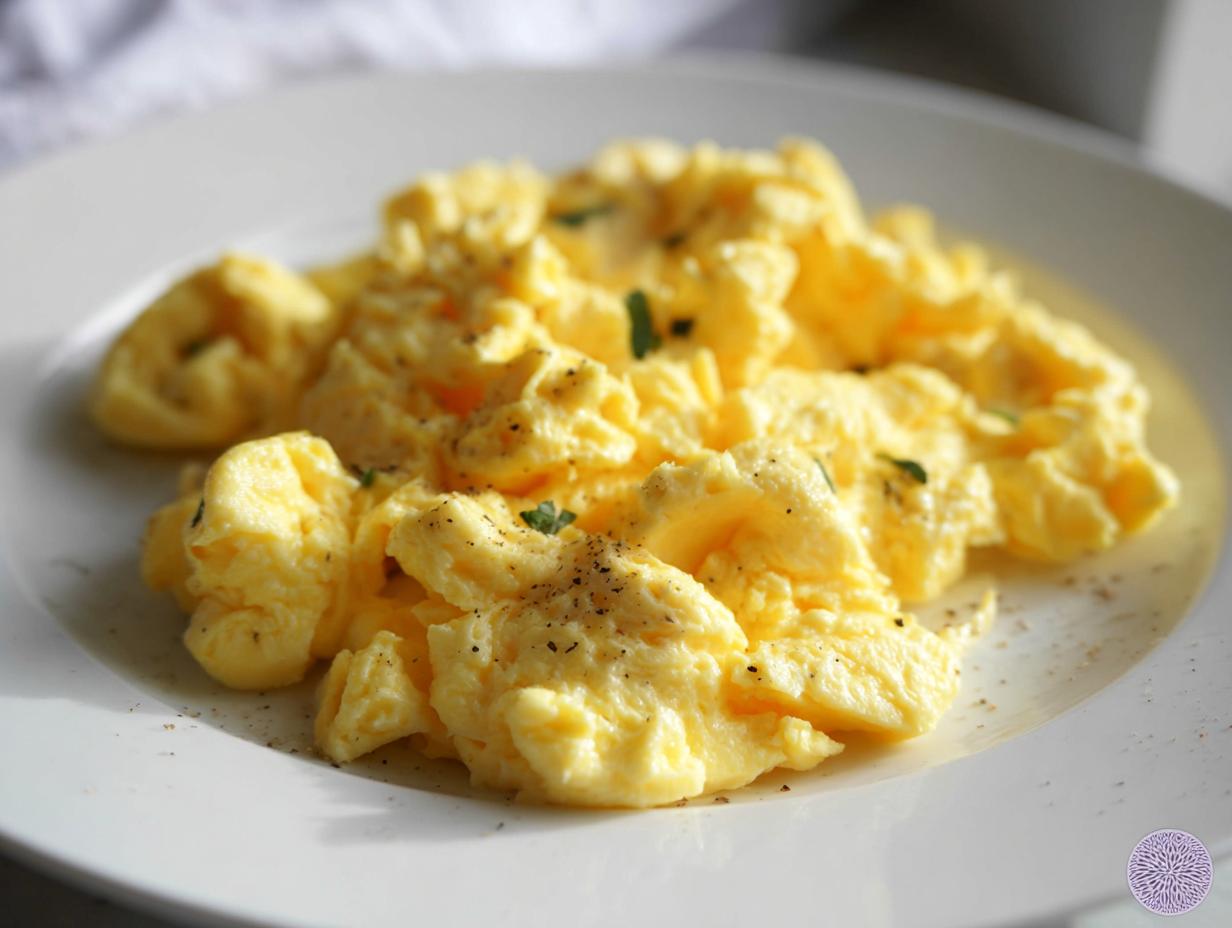 Close-up of perfectly fluffy scrambled eggs seasoned with black pepper and garnished with fresh herbs.