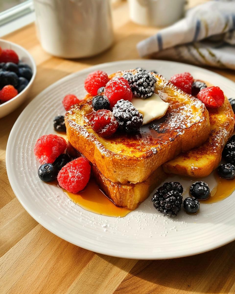 Stack of golden brown French toast topped with fresh berries, powdered sugar, and syrup, perfect for 20-minute breakfast ideas.