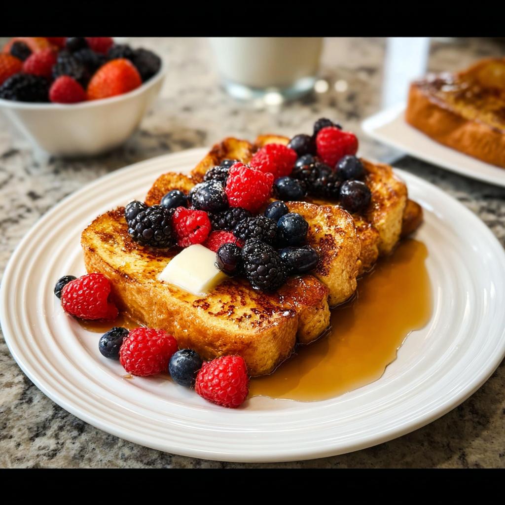 Golden brown French toast topped with fresh berries, butter, and syrup, perfect for quick breakfast ideas recipes.