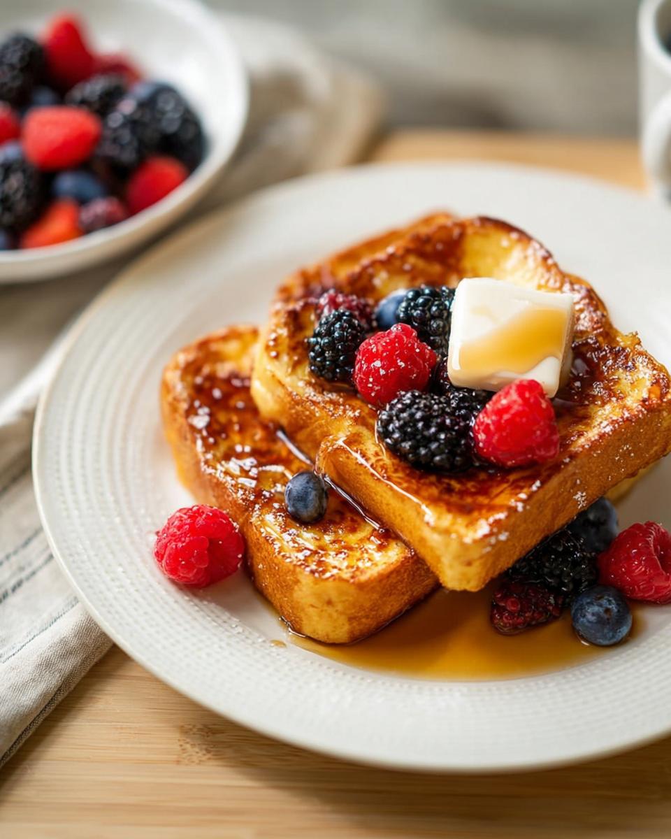 Golden brown French toast topped with fresh berries, butter, and syrup. A perfect quick breakfast idea.