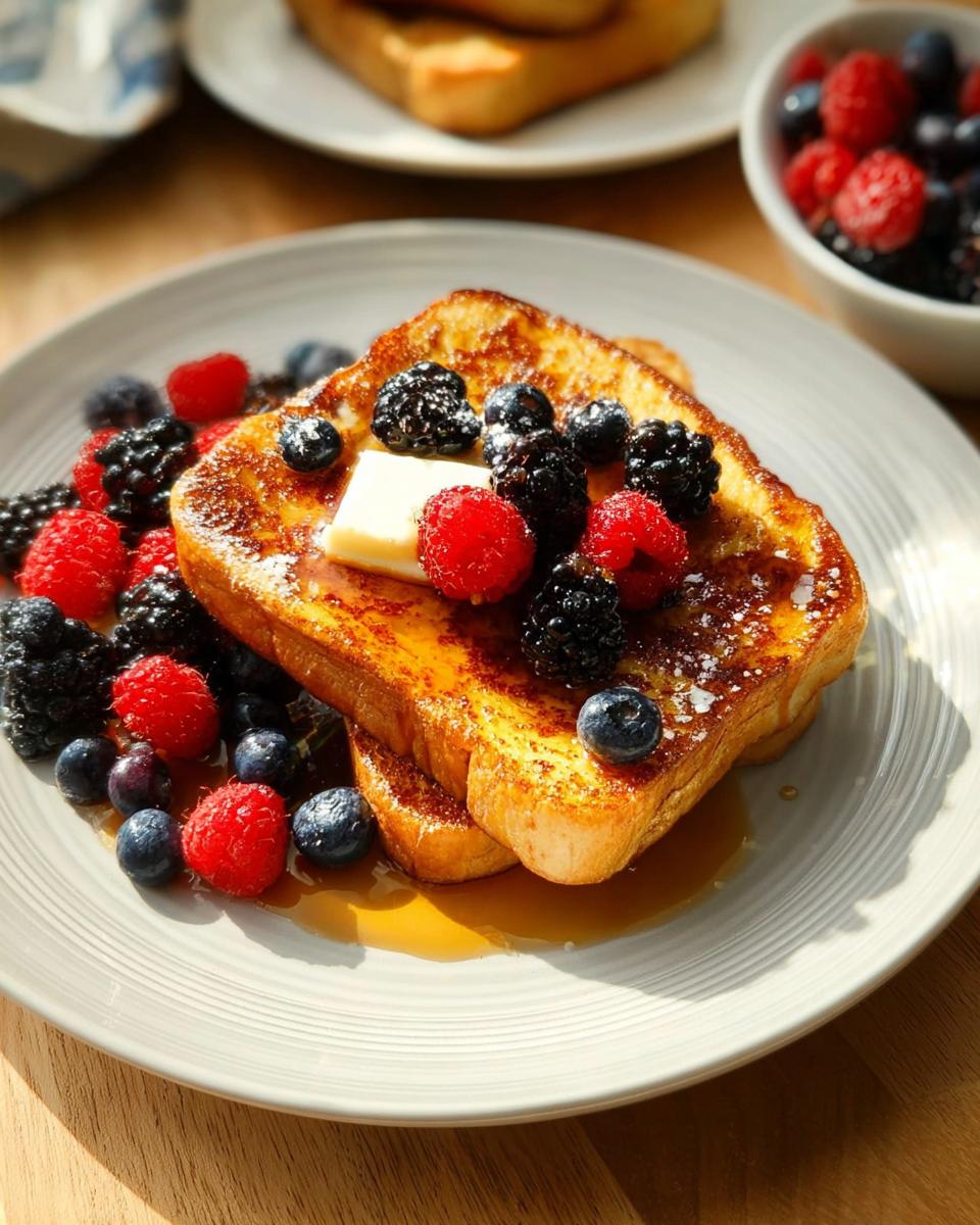 Golden brown French toast topped with fresh berries, butter, and powdered sugar, a perfect quick breakfast idea.
