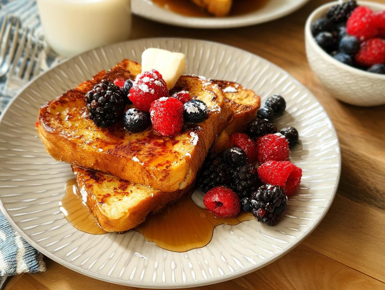 Two slices of golden-brown French toast topped with fresh berries, powdered sugar, and syrup, part of quick breakfast ideas recipes.