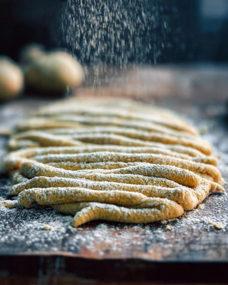 Close-up of freshly made pasta dough strands being dusted with flour, ready for pasta recipes.