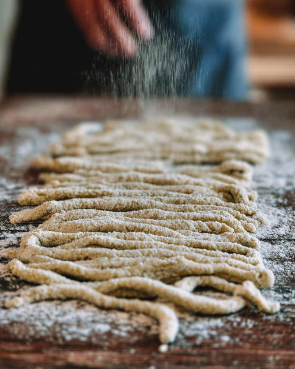Close-up of freshly made pasta dough strands being dusted with flour, ready for pasta recipes.