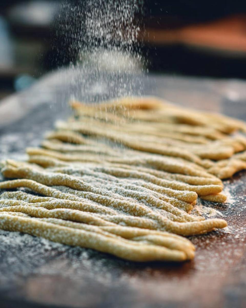 Close-up of freshly made pasta noodles being dusted with flour, ready for pasta recipes.
