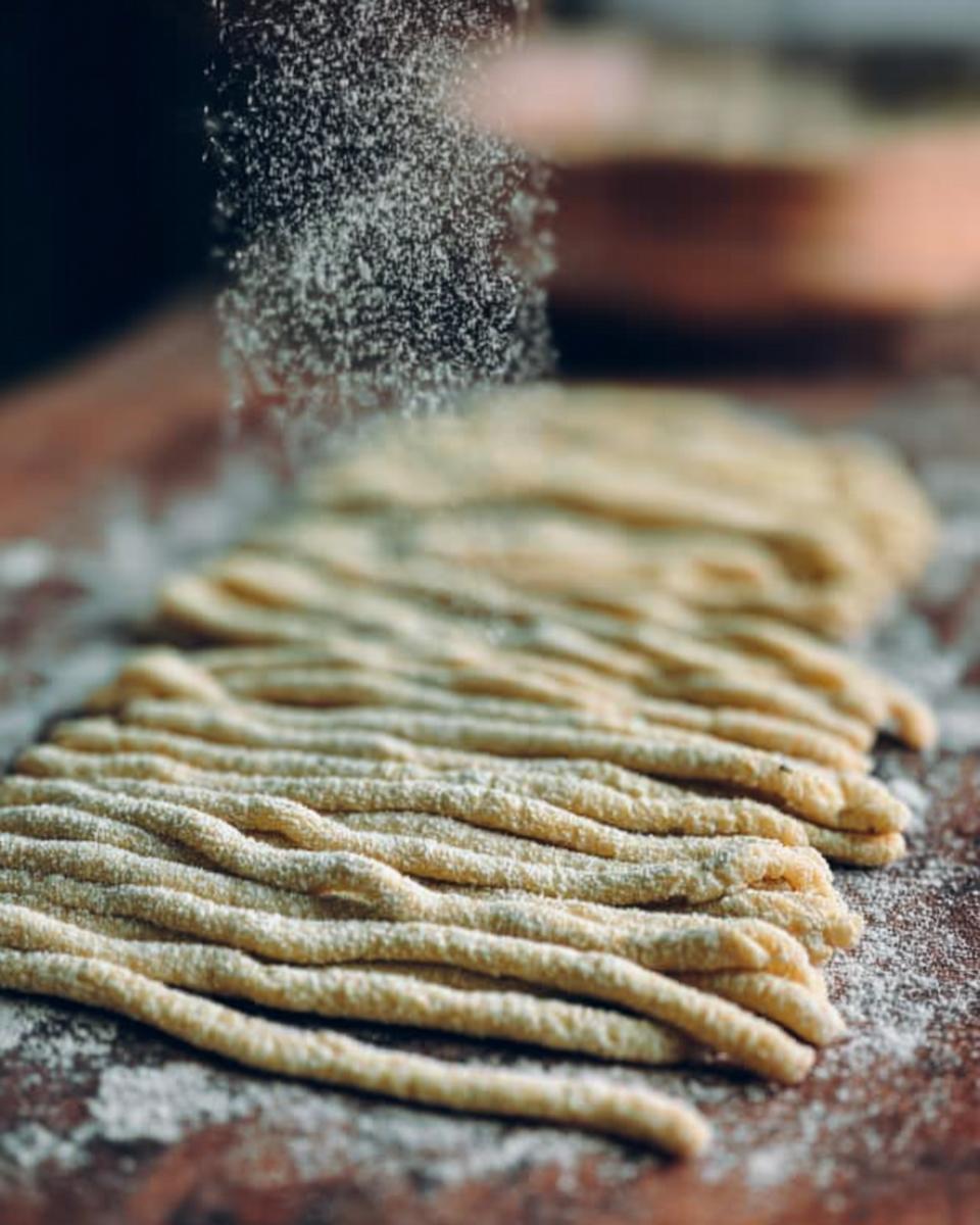 Close-up of freshly made pasta strands being dusted with flour, ready for pasta recipes.