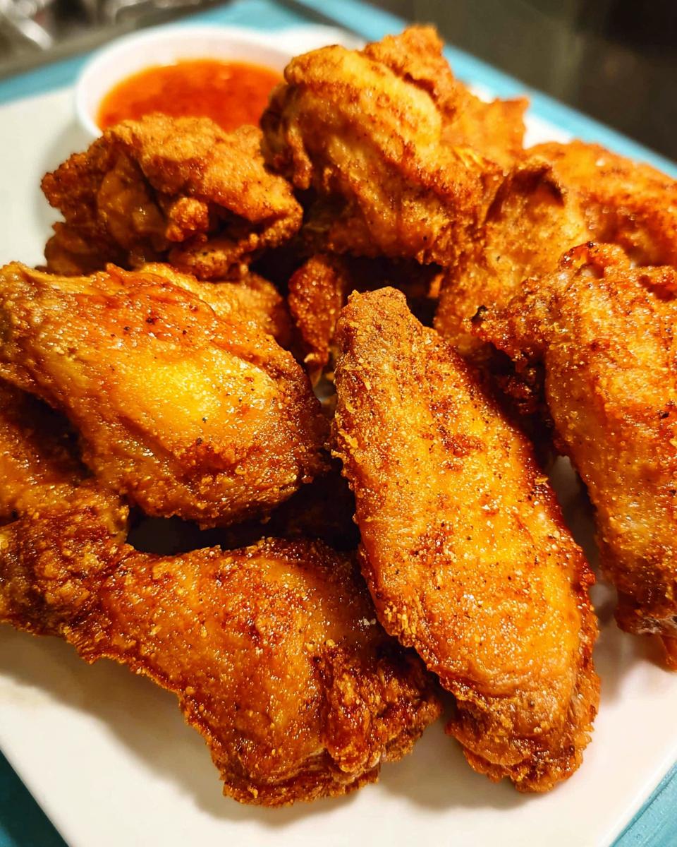 A pile of crispy, golden-brown fried chicken wings served with a small bowl of red dipping sauce.