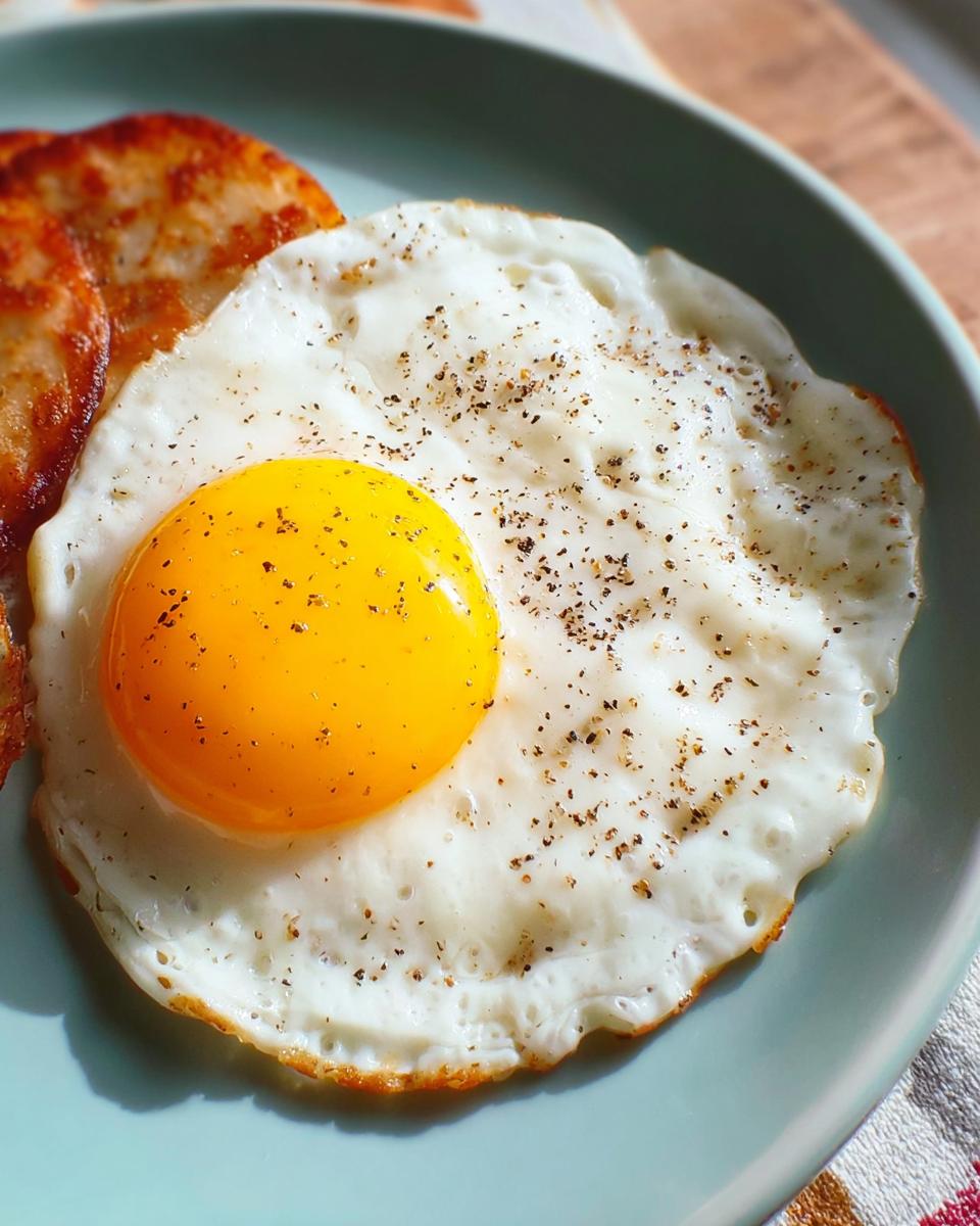 A perfectly fried egg with a bright yellow yolk, seasoned with black pepper, served with hash browns.