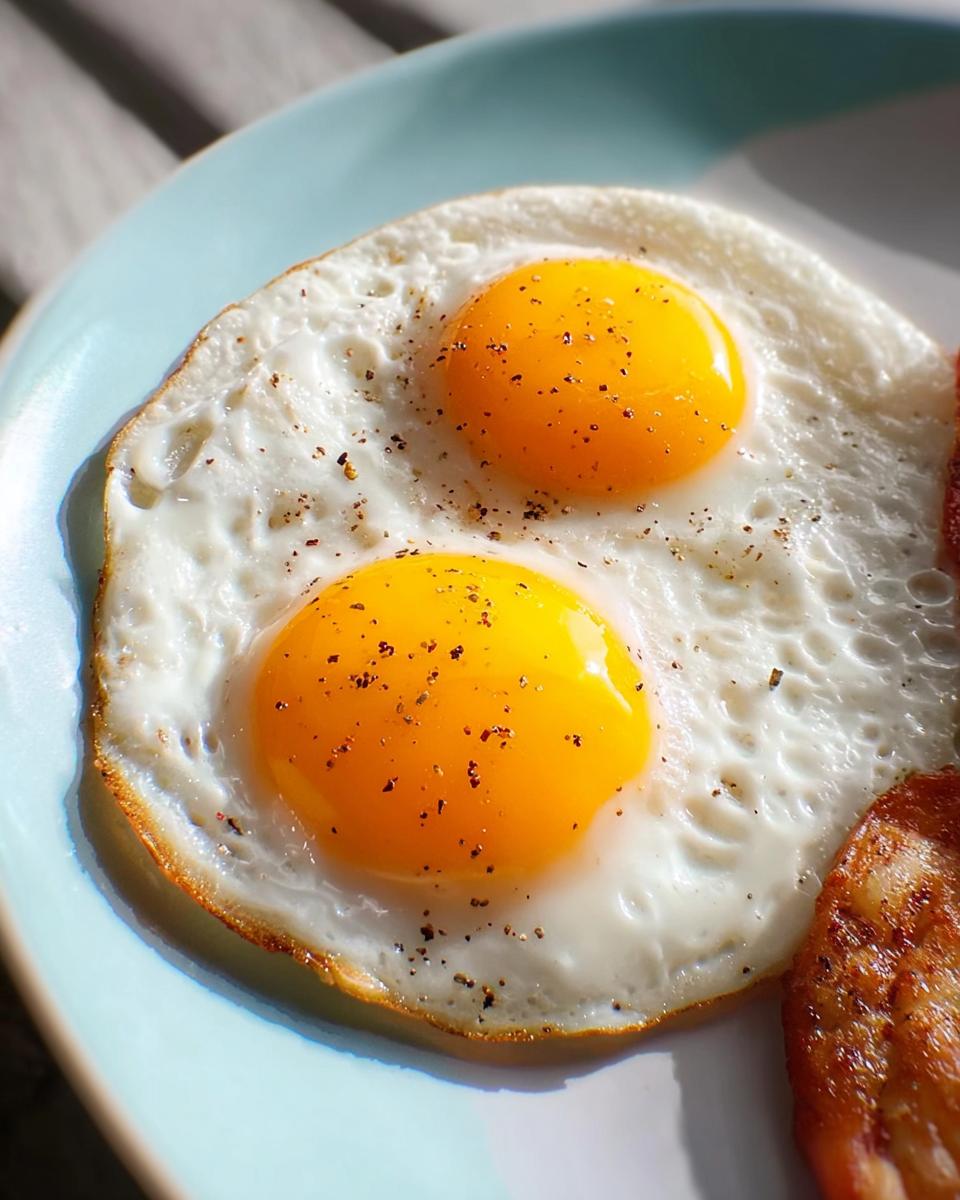 Close-up of two perfectly fried eggs with bright yellow yolks, seasoned with cracked black pepper, part of an egg recipe.