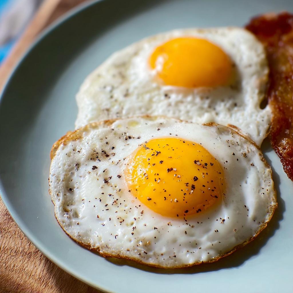 Two perfectly fried eggs with runny yolks, seasoned with black pepper, served on a plate with bacon.