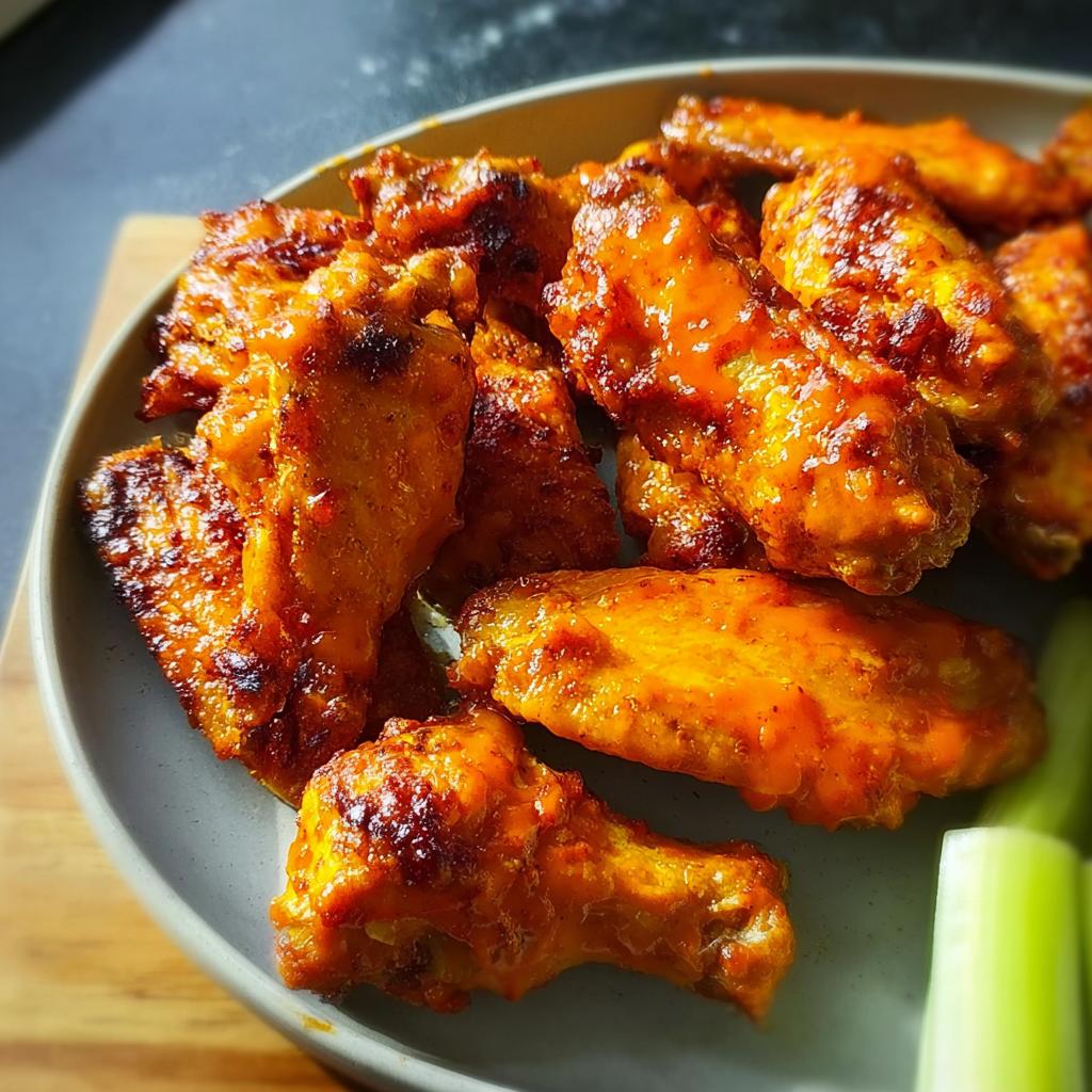 Close-up of a plate of glossy, orange-glazed chicken wings, a perfect idea from 10 Genius Chicken Wings Recipes.