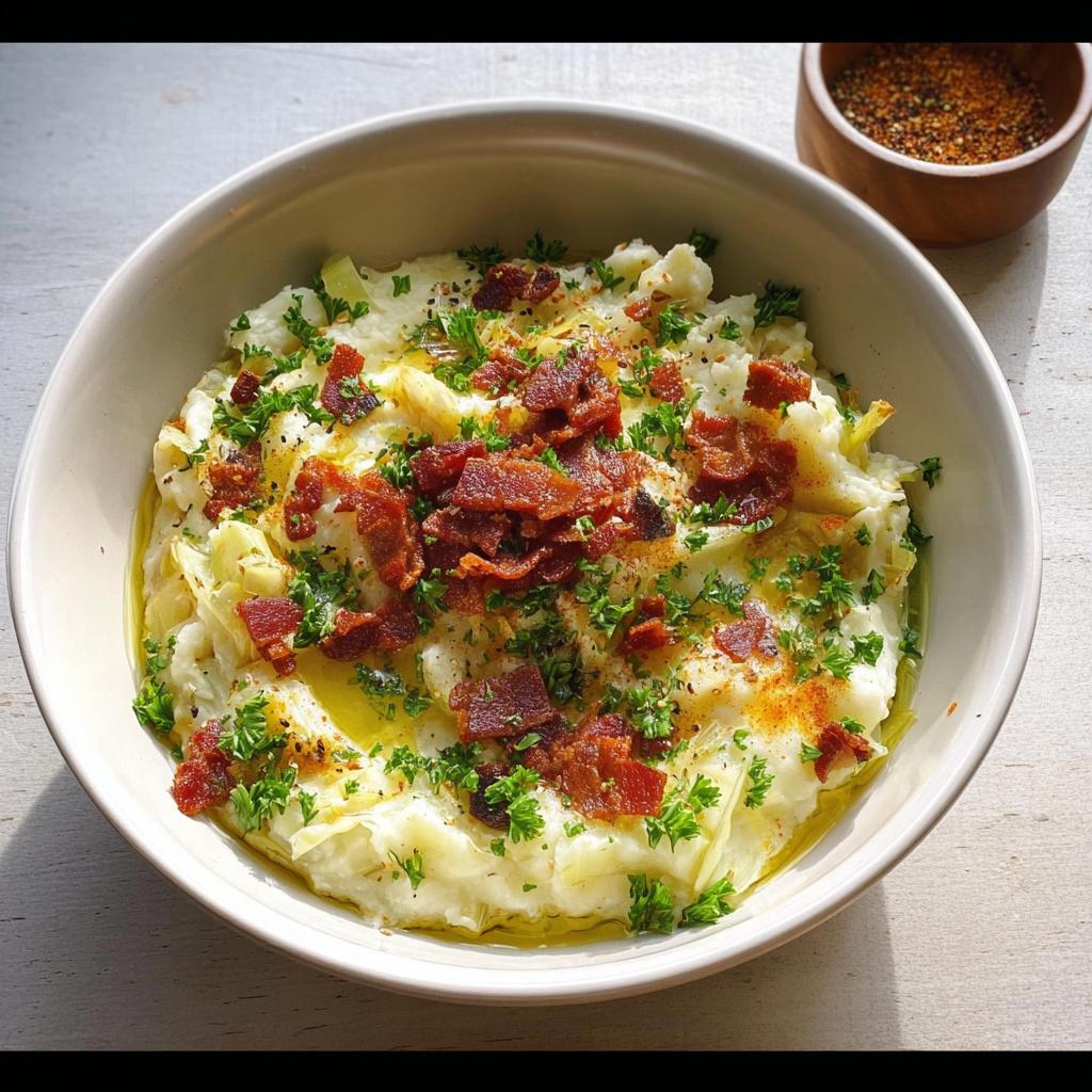 A bowl of creamy mashed potatoes topped with crispy bacon bits, fresh parsley, and a drizzle of butter. A genius mashed potatoes recipe idea.