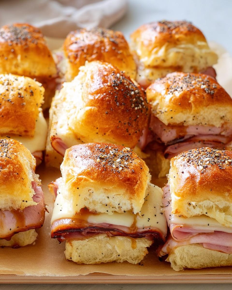 Close-up of delicious ham and cheese sliders with poppy seeds on top, perfect for busy weeknights.