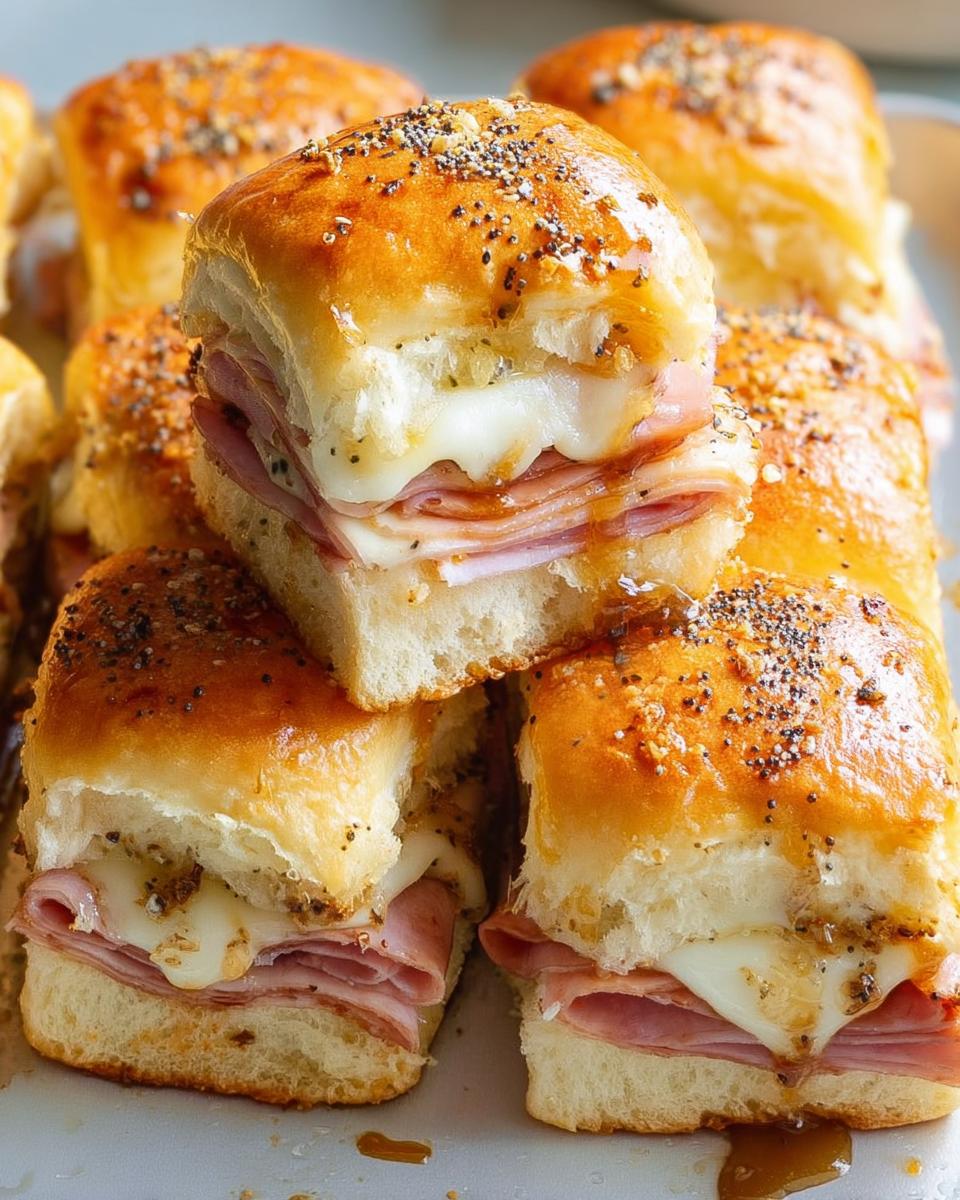 Close-up of stacked ham and cheese sliders with melted cheese and a glossy glaze, part of 12 Genius Sandwich Ideas Recipes.
