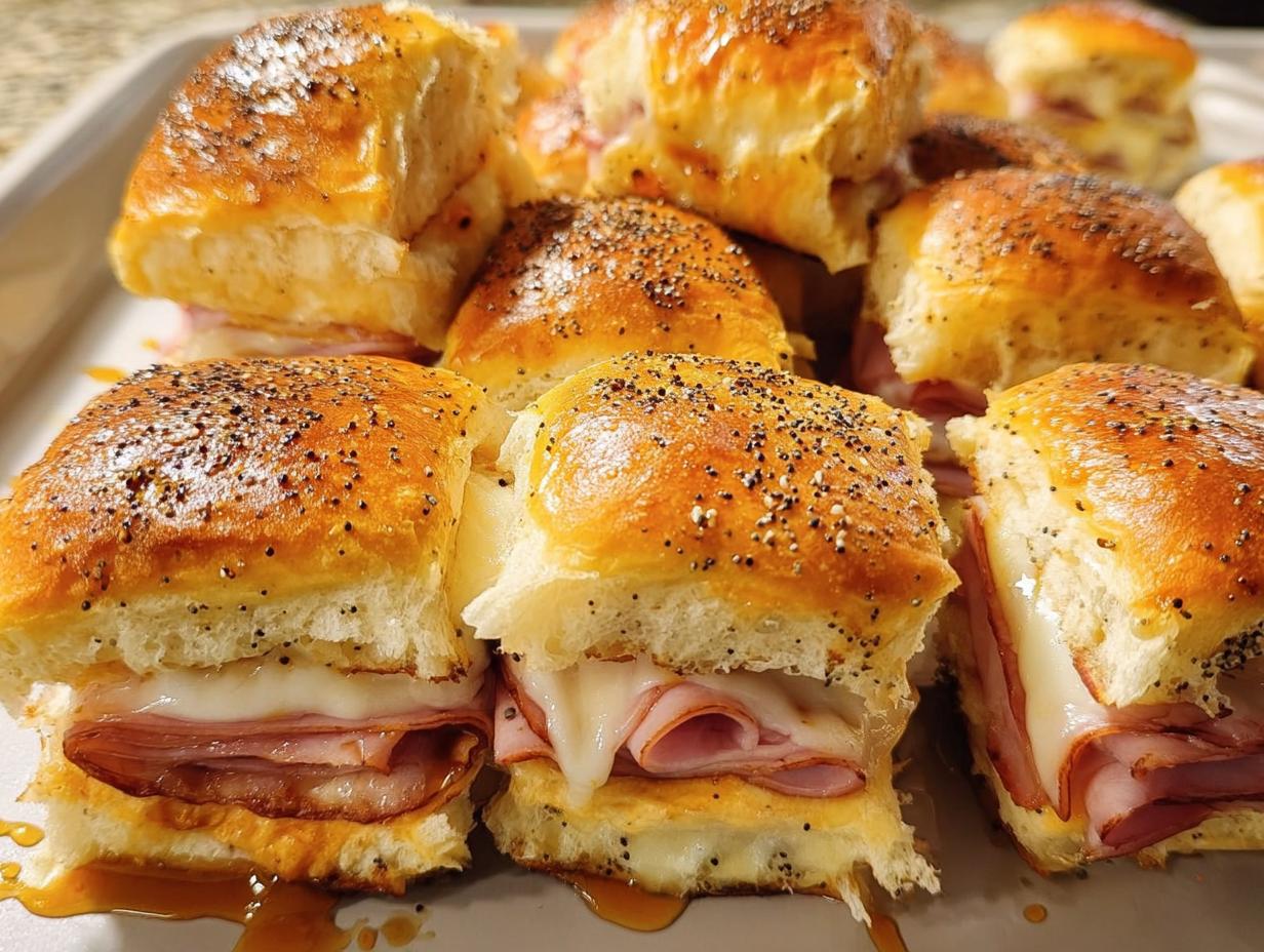 Close-up of ham and cheese sliders with poppy seeds on top, a perfect example of 12 Genius Sandwich Ideas.