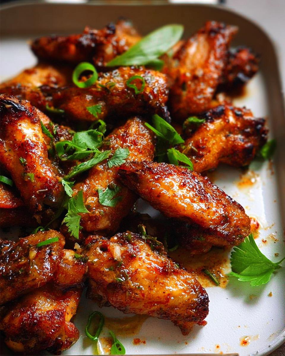 Close-up of a platter of glazed chicken wings, garnished with fresh cilantro and green onions.